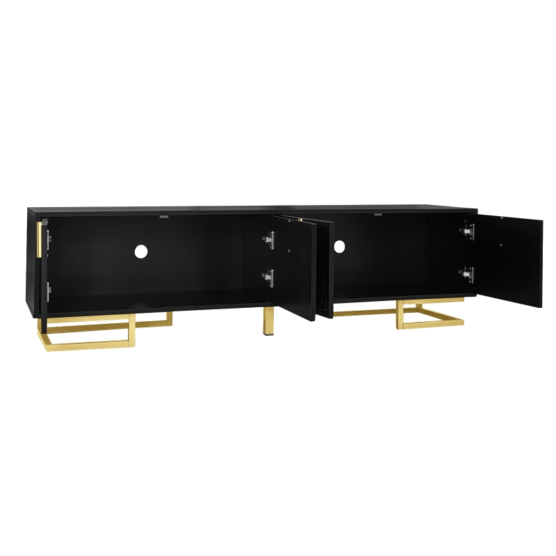 Modern TV Stand with Textured Doors, Gold Handles and Legs, Ample Storage Space, Easy to Install, 63" L x 15" W x 17.5" H, Black