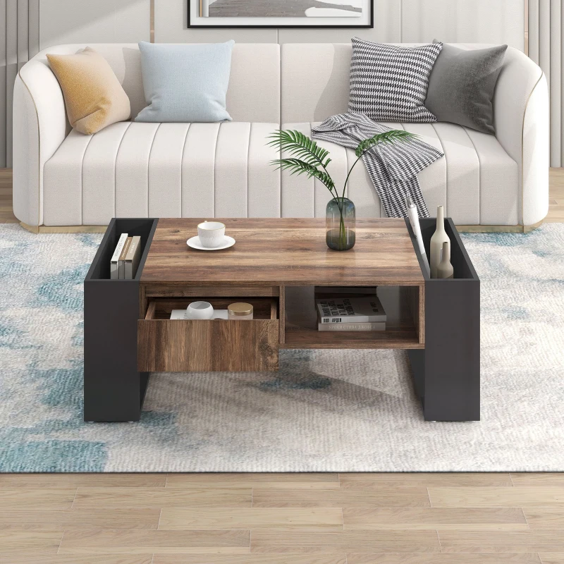 Wood Grain Coffee Table with Handleless Drawer, Double Storage Compartments, Easy Assembly, 43.5" L x 23.5" W x 15.5" H, Grey+Wood