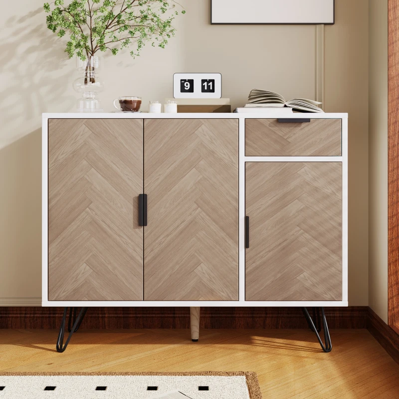 Modern Storage Cabinet with Drawer and Adjustable Shelves, Sideboard with Soft-Close Hinges, 35.5" L x 11.5" W x 28.5" H, White+Wood