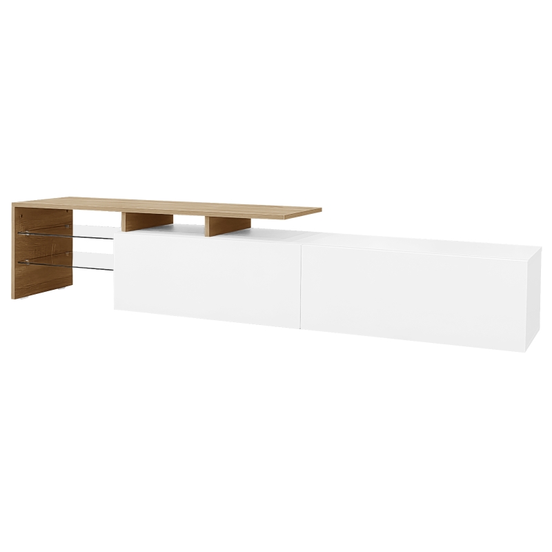 Modern TV Stand with Glass Shelves and LED Lighting, High-Gloss Finish, Smart Storage Solution, 67" L x 13" W x 13" H, White+Natural