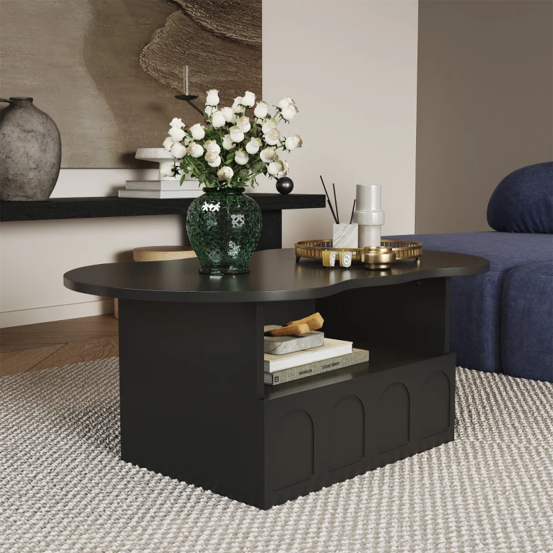 Cloud Coffee Table with Drawer and Open Storage, Particle Board and Modern Design, Easy to Install, 39.5" L x 23.5" W x 15" H, Black