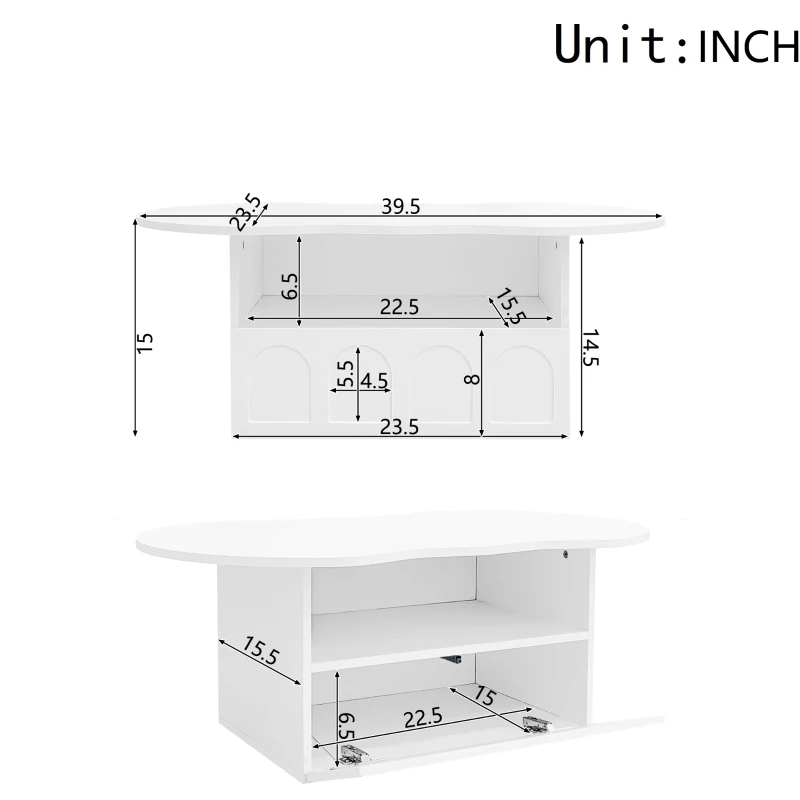 Cloud Coffee Table with Drawer and Open Storage, Particle Board, Cloud Coffee Table with Functional Design, 39.5" L x 23.5" W x 15" H, White