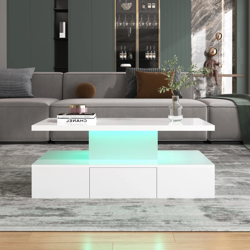 Modern High-Gloss Coffee Table with Hidden Drawer, Particle Board Construction, Modern Design, Easy to Install, 39.5" L x 19.5" W x 15.5" H, White