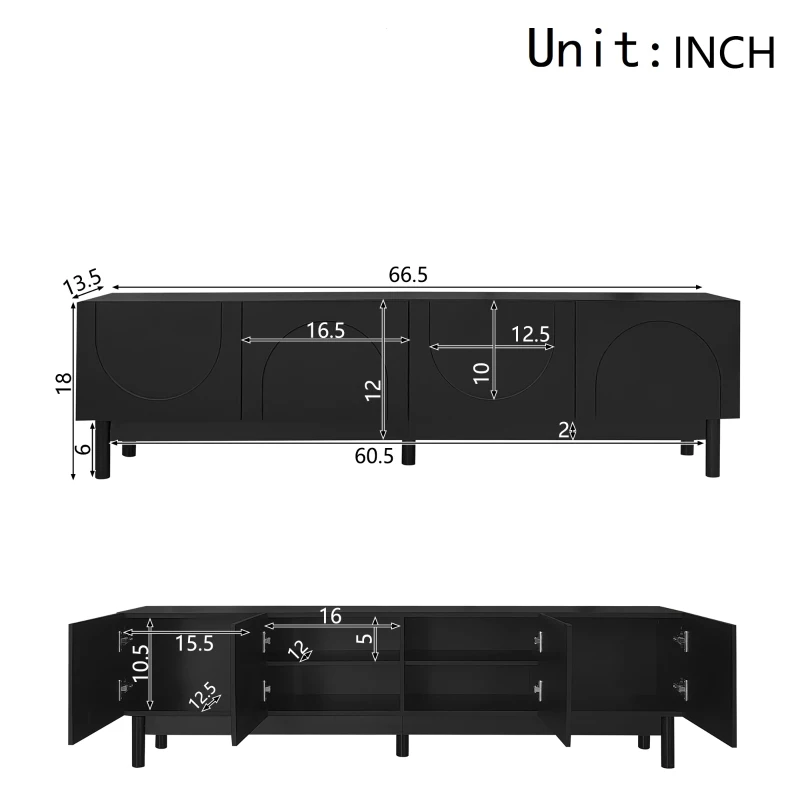 Modern TV Stand with Wave Shaped Doors, Ample Storage and Sturdy Legs, Functional Design, Easy to Install, 66.5" L x 13.5" W x 18" H, Black