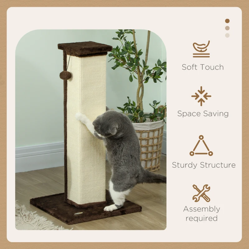PawHut 32" Tall Cat Scratching Post for Indoor Cats and Kittens, Sisal Cat Scratcher with Hanging Ball Soft Plush, Brown