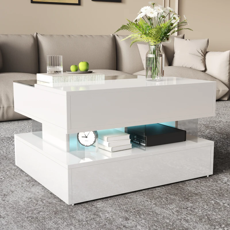 High-Gloss Coffee Table with Glass Top and LED Light, Storage Drawer and Adjustable Height, Easy to Install, 26" L x 21.5" W x 21.5" H, White