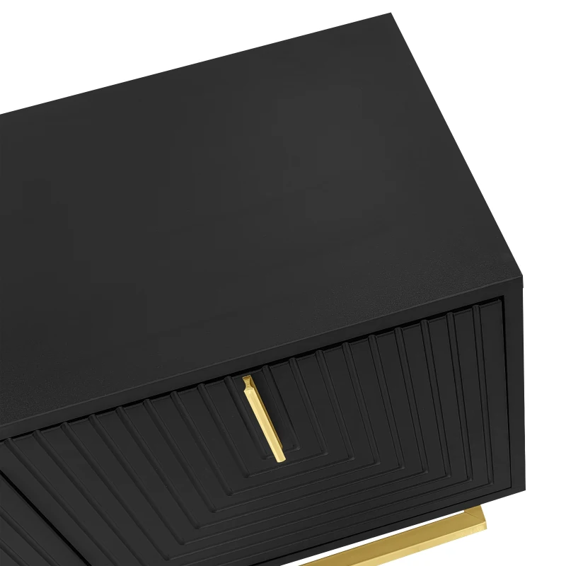 Modern TV Stand with Textured Doors, Gold Handles and Legs, Ample Storage Space, Easy to Install, 63" L x 15" W x 17.5" H, Black