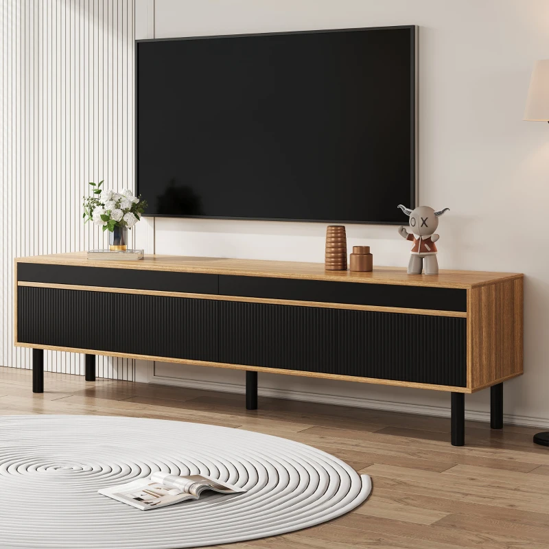 TV Stand with Elegant Stripe Design and Sturdy Wooden Legs, Three Doors, Practical and Easy Access, 67" L x 15" W x 18.5" H, Black+Natural