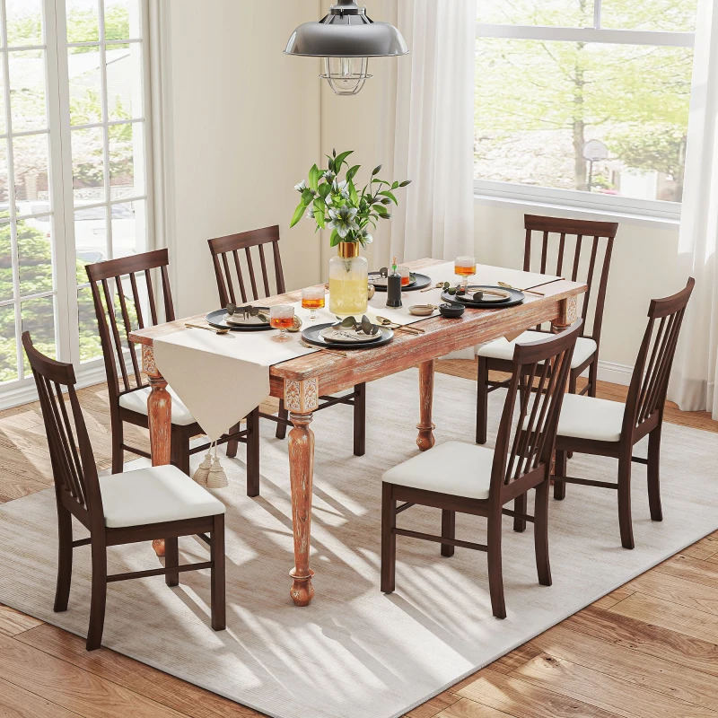 HOMCOM Wooden Dining Chairs Set of 4, Farmhouse Upholstered Kitchen Chairs with Rubber Wood Frame, Dark Brown and Beige