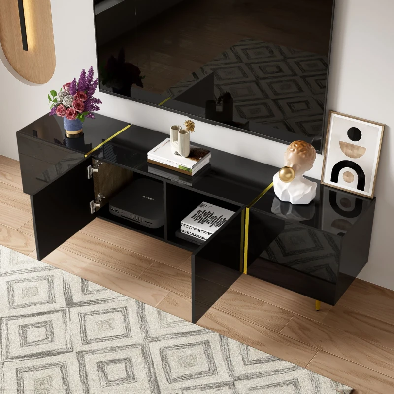 High-Gloss TV Stand with 4 Doors, Modern Design and Soft-Close Hinges, Modern Design, Easy to Install, 67" L x 13.5" W x 18" H, Black