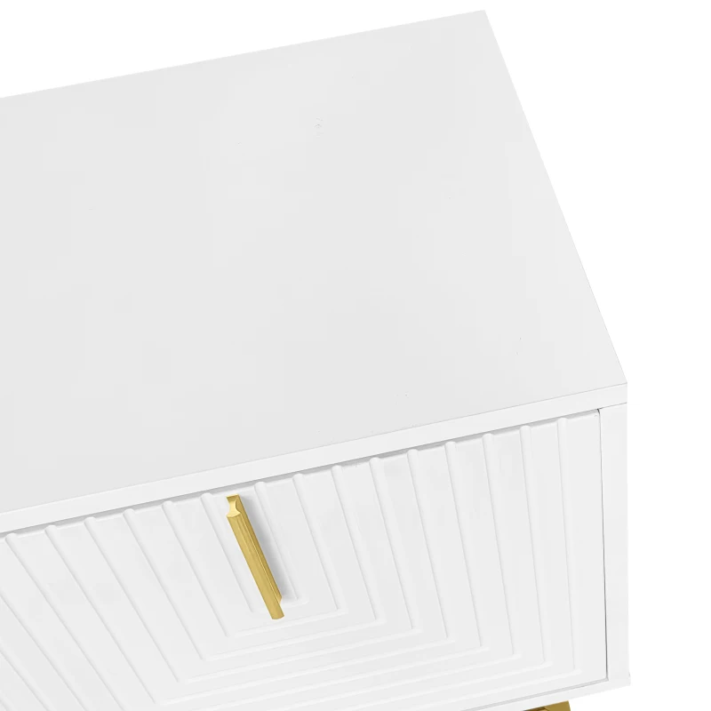 Modern TV Stand with Textured Doors, Gold Handles and Legs, Ample Storage Space, Easy to Install, 63" L x 15" W x 17.5" H, White