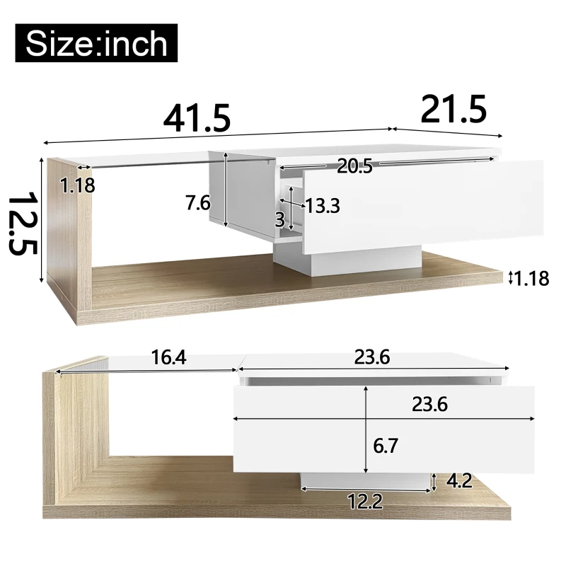 High-Gloss Coffee Table with Glass and LED Effect, Modern Design with Storage Compartment, 41.5" L x 21.5" W x 12.5" H, White+Wood