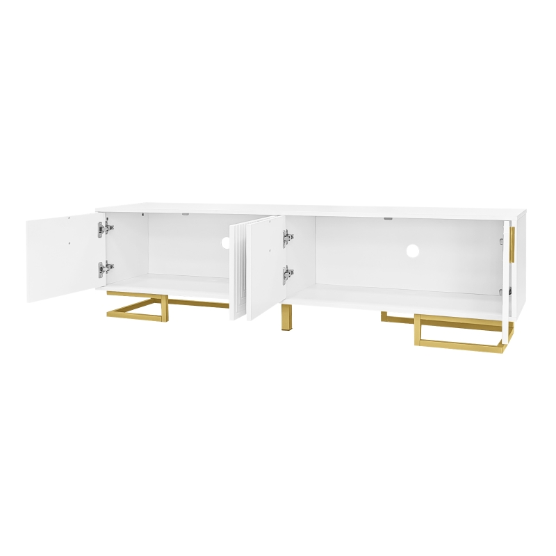 Modern TV Stand with Textured Doors, Gold Handles and Legs, Ample Storage Space, Easy to Install, 63" L x 15" W x 17.5" H, White