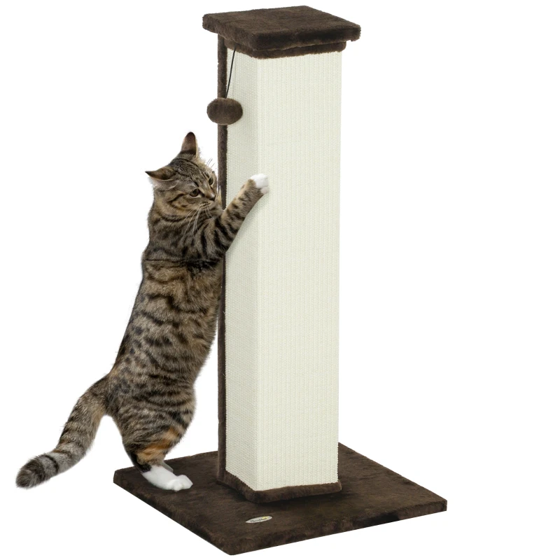 PawHut 32" Tall Cat Scratching Post for Indoor Cats and Kittens, Sisal Cat Scratcher with Hanging Ball Soft Plush, Brown