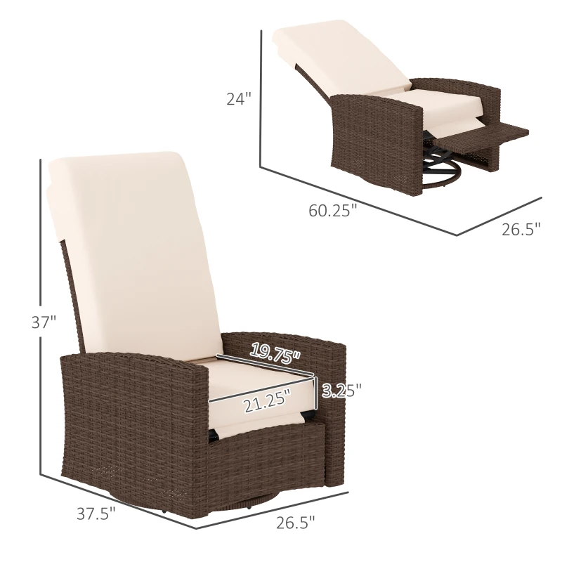 Outsunny Outdoor Wicker Swivel Recliner Chair, Lifting Footrest, 360° Rotating Basic, Water-resistant Cushions, Cream White