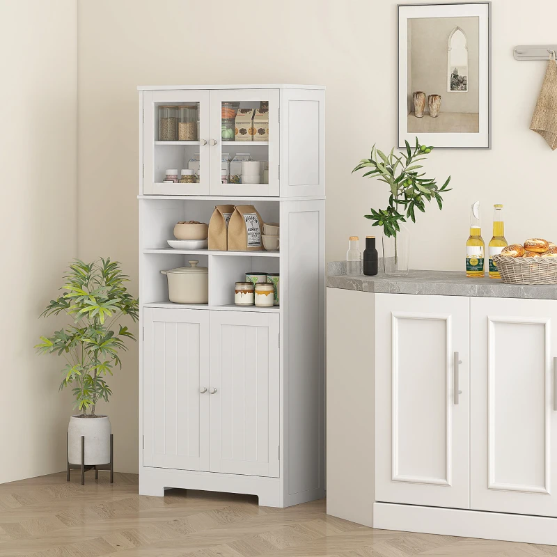 HOMCOM 57" Kitchen Pantry, Freestanding Pantry Storage Cabinet with Glass Doors, Adjustable Shelves, Open Compartments, White