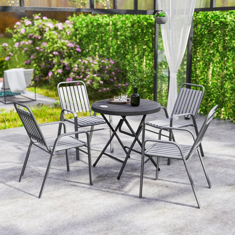 Outsunny Foldable Round Patio Table for 4, Outdoor Dining Table with HDPE Tabletop and Steel Frame, Dark Grey