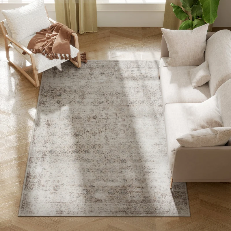 HOMCOM Machine Washable Area Rug 4x6, Non-Slip Traditional Floor Carpet for Living Room, Bedroom, Light Mixed-Brown