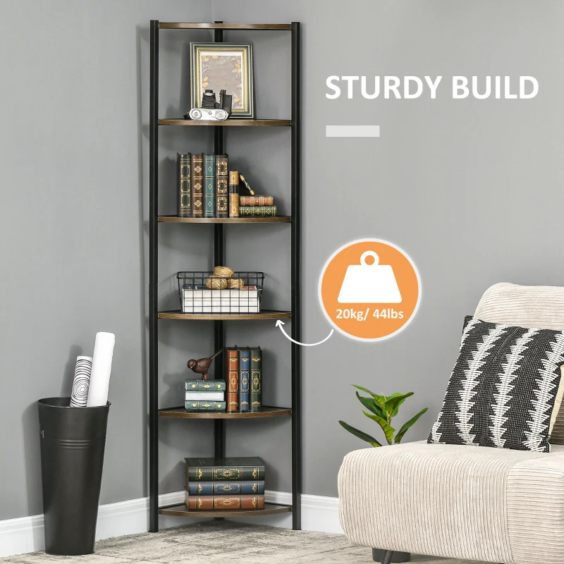 HOMCOM 6-Tier Corner Shelf, Corner Bookshelf with Metal Frame, for Living Room, Bedroom, Kitchen, Dark Brown