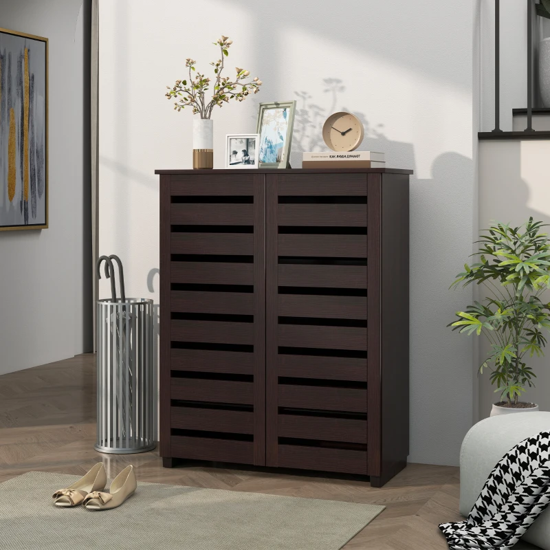 HOMCOM Narrow Shoe Cabinet with 2 Slatted Doors, Modern Shoe Storage Cabinet with Adjustable Shelves for Entryway, Hallway, Living Room, Holds 15 Pairs, Dark Brown