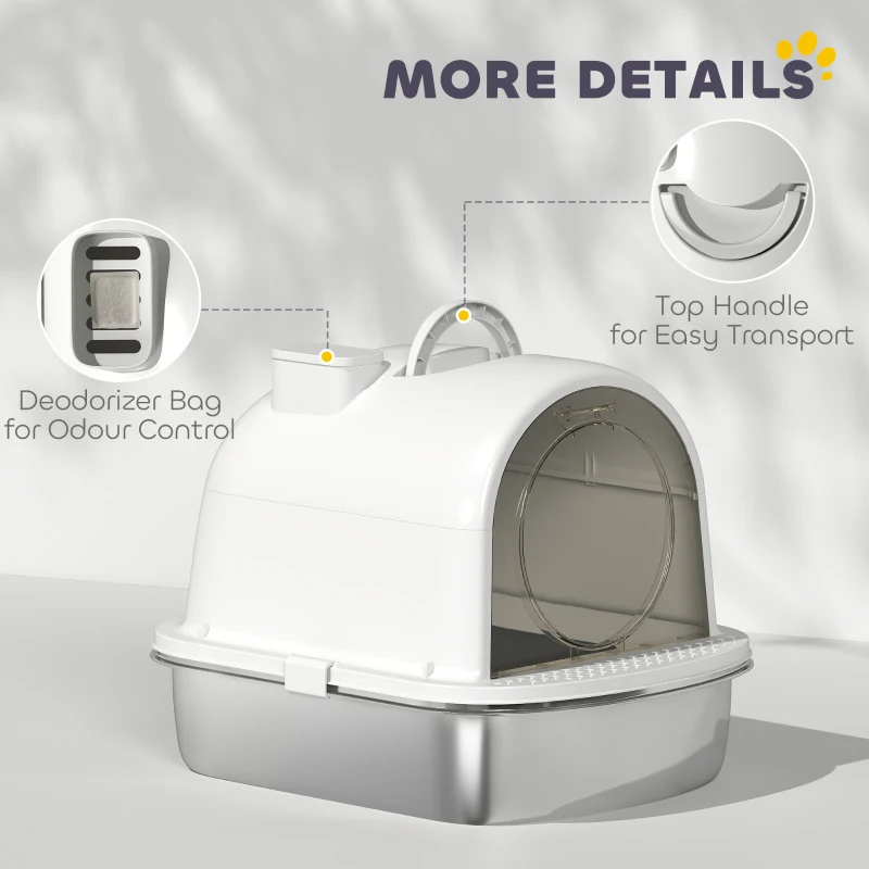 PawHut Enclosed Stainless Steel Litter Box, Metal Cat Litter Box with Scoop, Deodorizer Bag, Handle, Easy to Clean