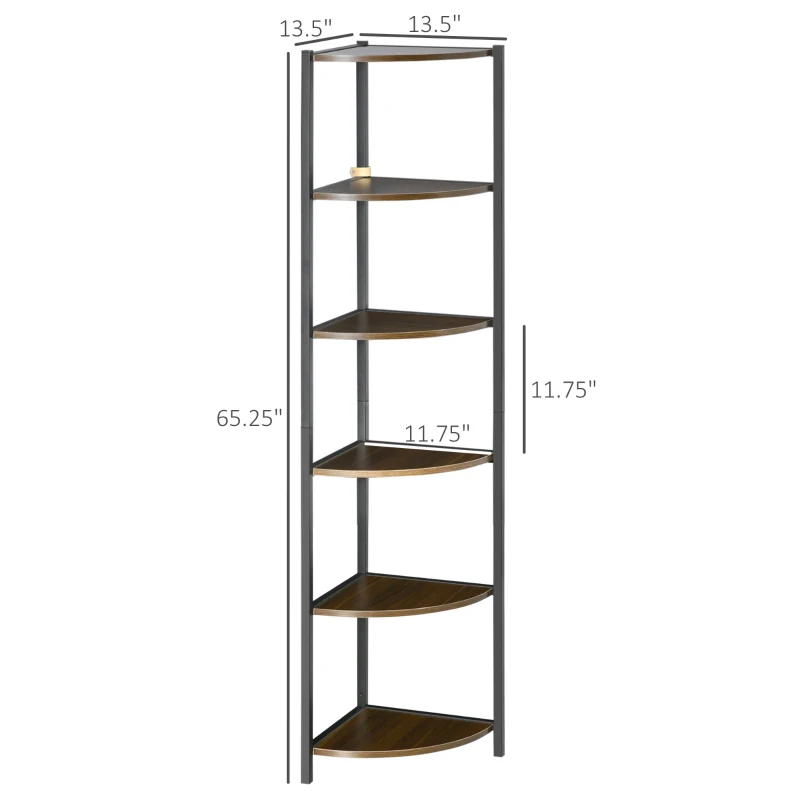 HOMCOM 6-Tier Corner Shelf, Corner Bookshelf with Metal Frame, for Living Room, Bedroom, Kitchen, Dark Brown