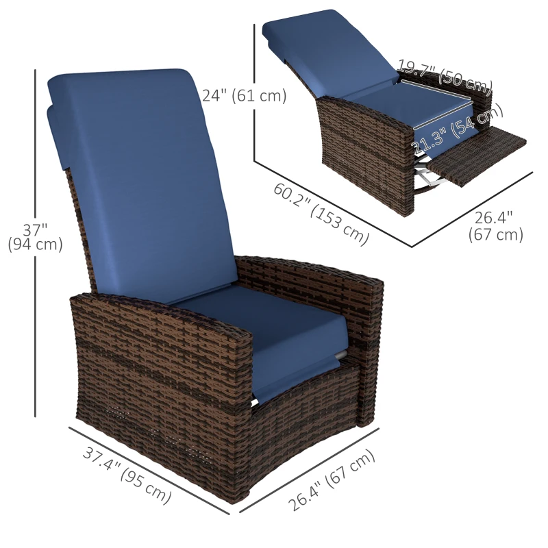 Outsunny Outdoor Rattan Wicker Lounge Chair with Footrest & Soft Cushion for Patio, Garden, Backyard, Dark Blue