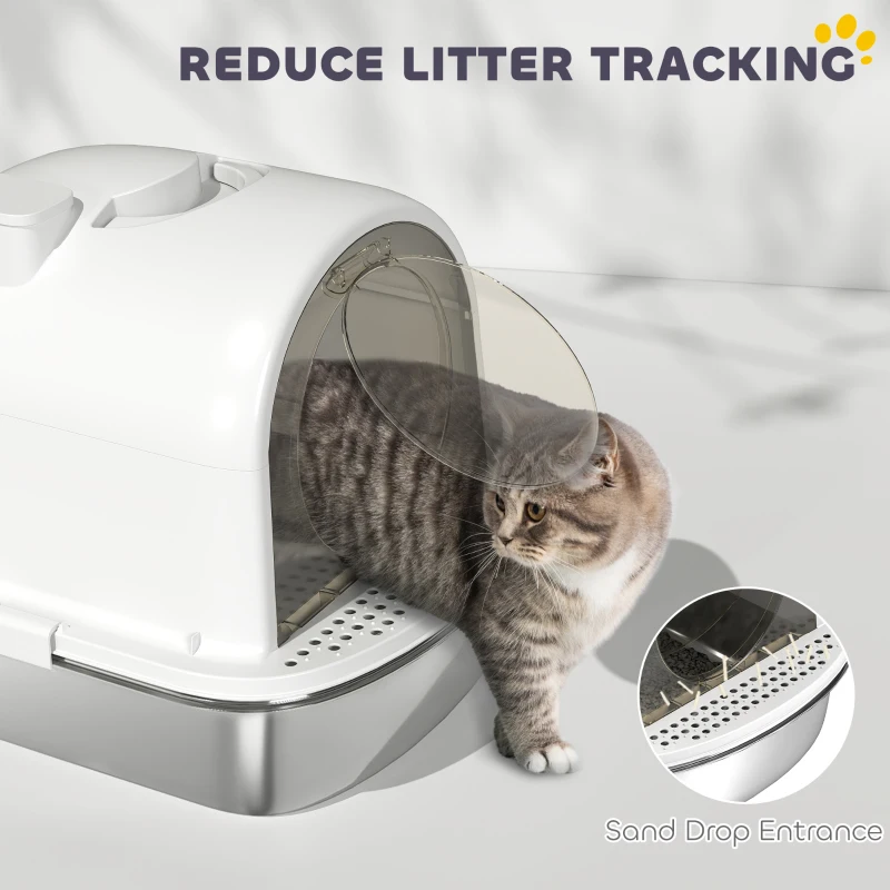 PawHut Enclosed Stainless Steel Litter Box, Metal Cat Litter Box with Scoop, Deodorizer Bag, Handle, Easy to Clean