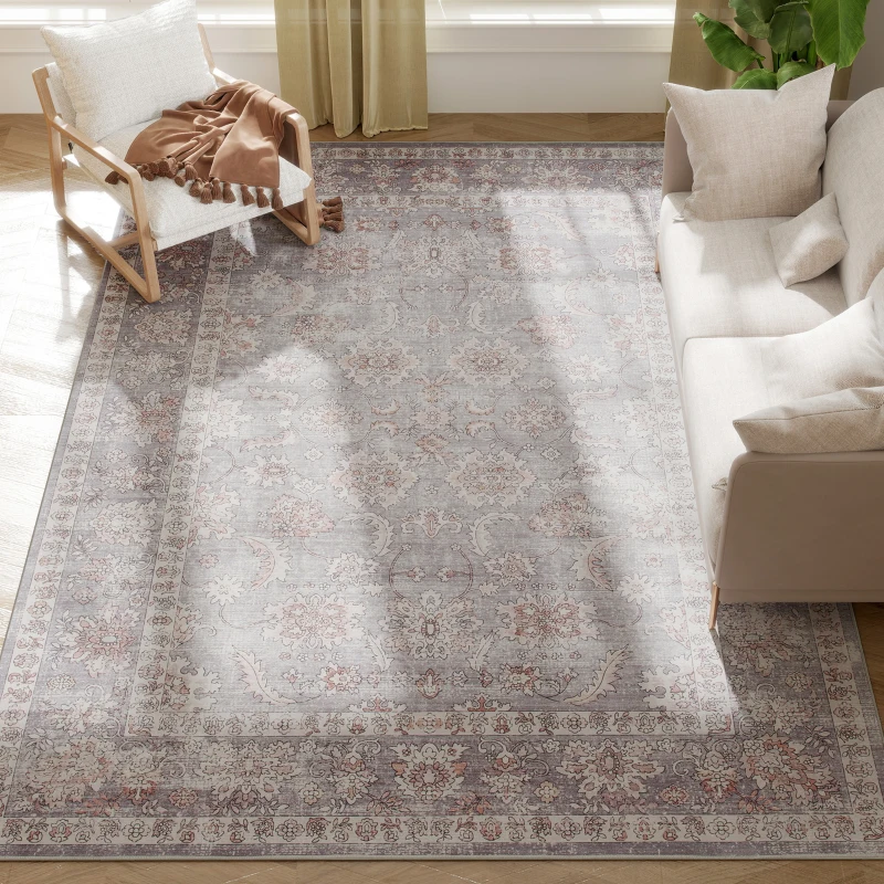 HOMCOM Machine Washable Area Rug 8x10, Non-Slip Traditional Flower Print Floor Carpet for Living Room, Bedroom, Grey and Brown
