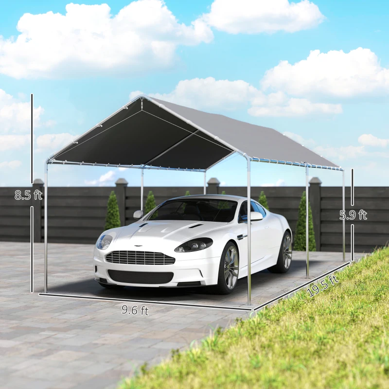 Outsunny 9.6' x 19.5' Carport Heavy Duty Galvanized Car Canopy w/ Included Anchor Kit, 3 Reinforced Steel Cables, Gray(m-3)