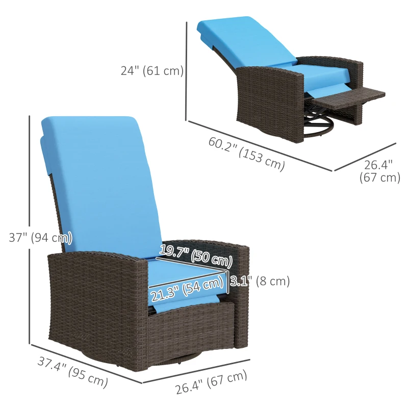 Outsunny Outdoor Rattan Wicker Lounge Chair with Footrest & Soft Cushion for Patio, Garden, Backyard, Sky Blue