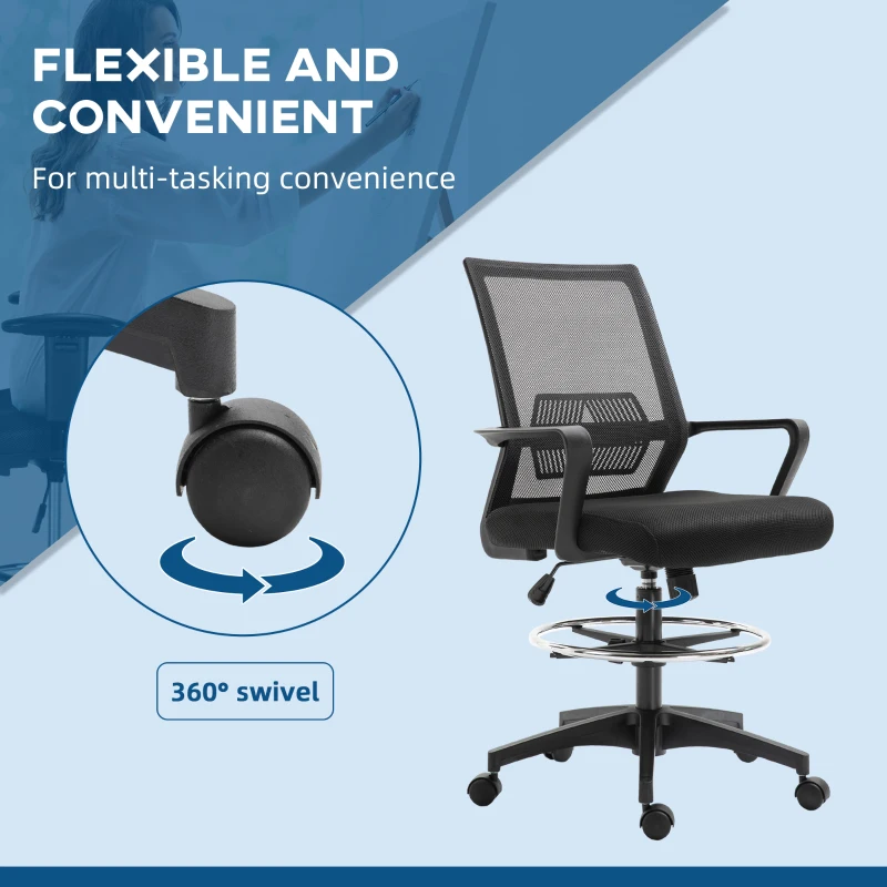 Vinsetto Tall Office Chair, Drafting Chair, Standing Desk Chair with Tilt Function, Adjustable Height and Footrest Ring, Black