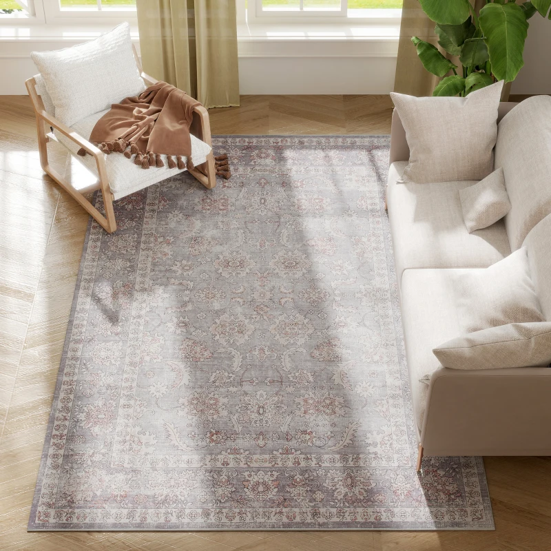 HOMCOM Machine Washable Area Rug 5x7, Non-Slip Traditional Flower Print Floor Carpet for Living Room, Bedroom, Grey and Brown
