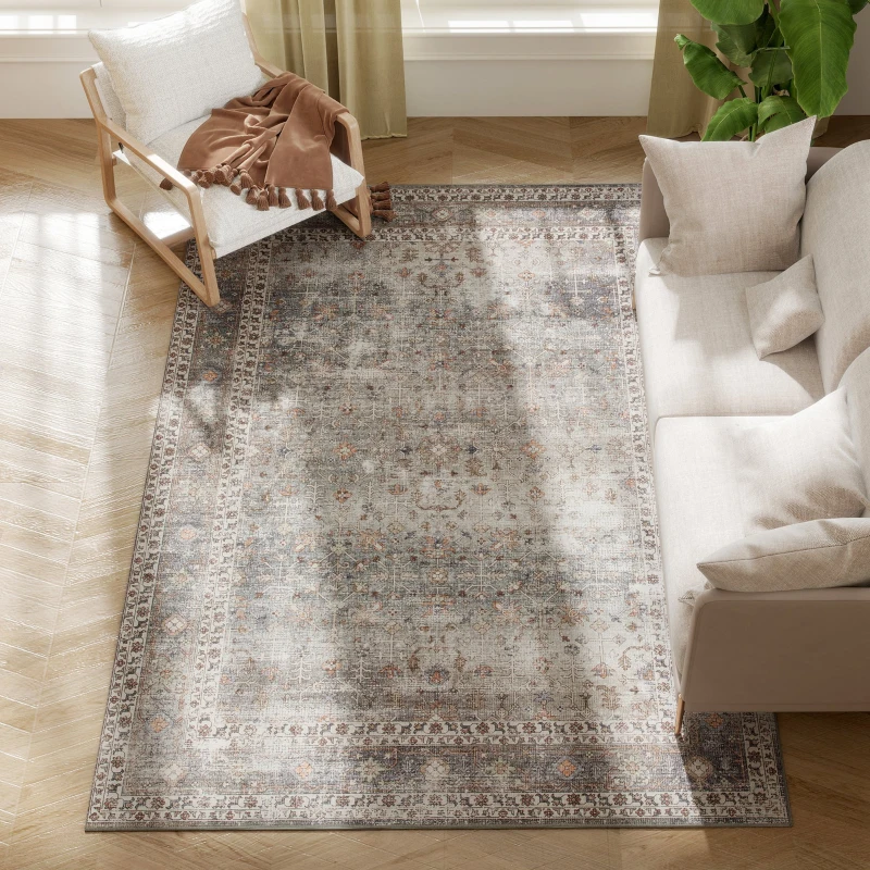 HOMCOM Machine Washable Area Rug 5x7, Non-Slip Traditional Floor Cover Foldable Carpet for Living Room, Dark Mixed-Brown
