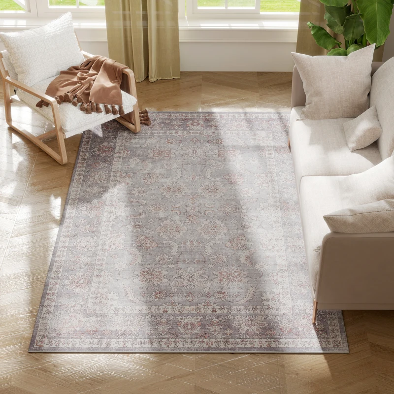 HOMCOM Machine Washable Area Rug 4x6, Non-Slip Traditional Flower Print Floor Carpet for Living Room, Bedroom, Grey and Brown