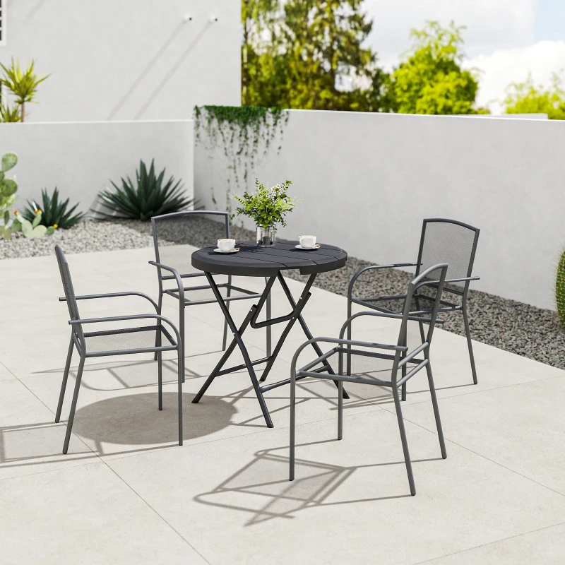 Outsunny Foldable Round Patio Table for 4, Outdoor Dining Table with HDPE Tabletop and Steel Frame, Dark Grey