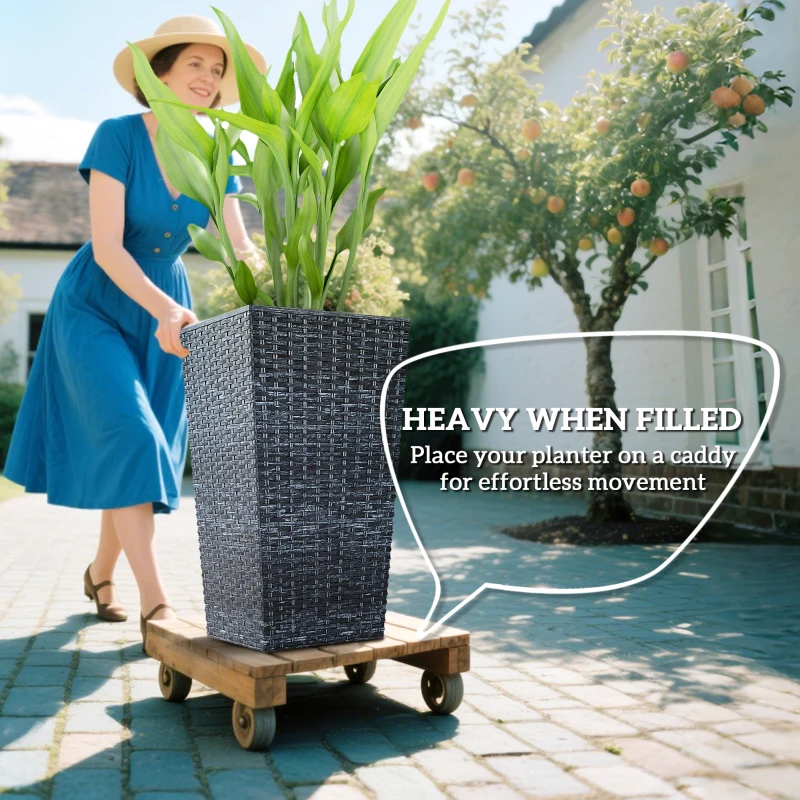Outsunny Tall Planters for Outdoor Plants Set of 3, 24 In Taper Planters with Drainage Holes, Rattan Decor Plant Pots for Indoor Outdoor Front Porch Patio Backyard, Gray