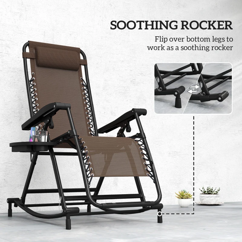 Outsunny 2 in 1 Adjustable Zero Gravity Reclining Lounge Chair Garden Recliner and Rocker Foldable Sun Lounger Napping Seat w/ Headrest & Tray Brown