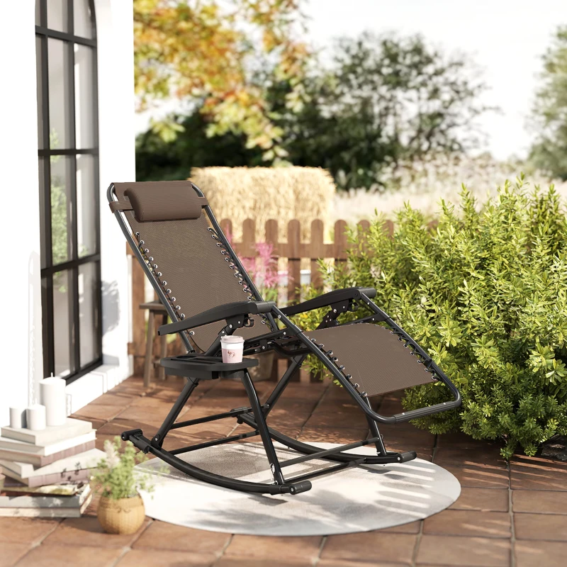 Outsunny 2 in 1 Adjustable Zero Gravity Reclining Lounge Chair Garden Recliner and Rocker Foldable Sun Lounger Napping Seat w/ Headrest & Tray Brown