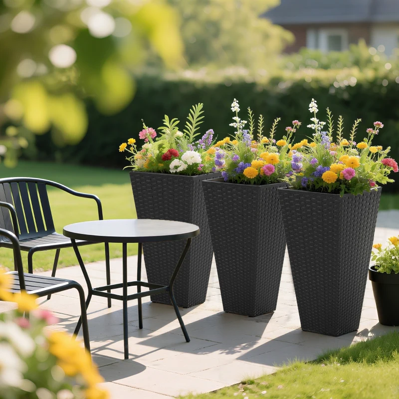 Outsunny Tall Planters for Outdoor Plants Set of 3, 24 In Taper Planters with Drainage Holes, Rattan Decor Plant Pots for Indoor Outdoor Front Porch Patio Backyard, Black