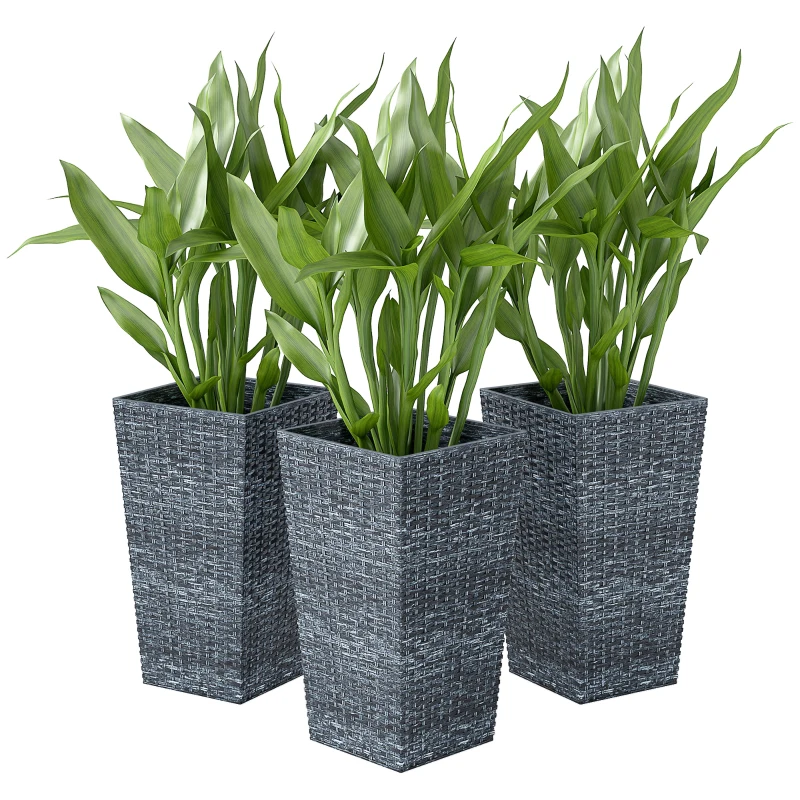 Outsunny Tall Planters for Outdoor Plants Set of 3, 24 In Taper Planters with Drainage Holes, Rattan Decor Plant Pots for Indoor Outdoor Front Porch Patio Backyard, Gray