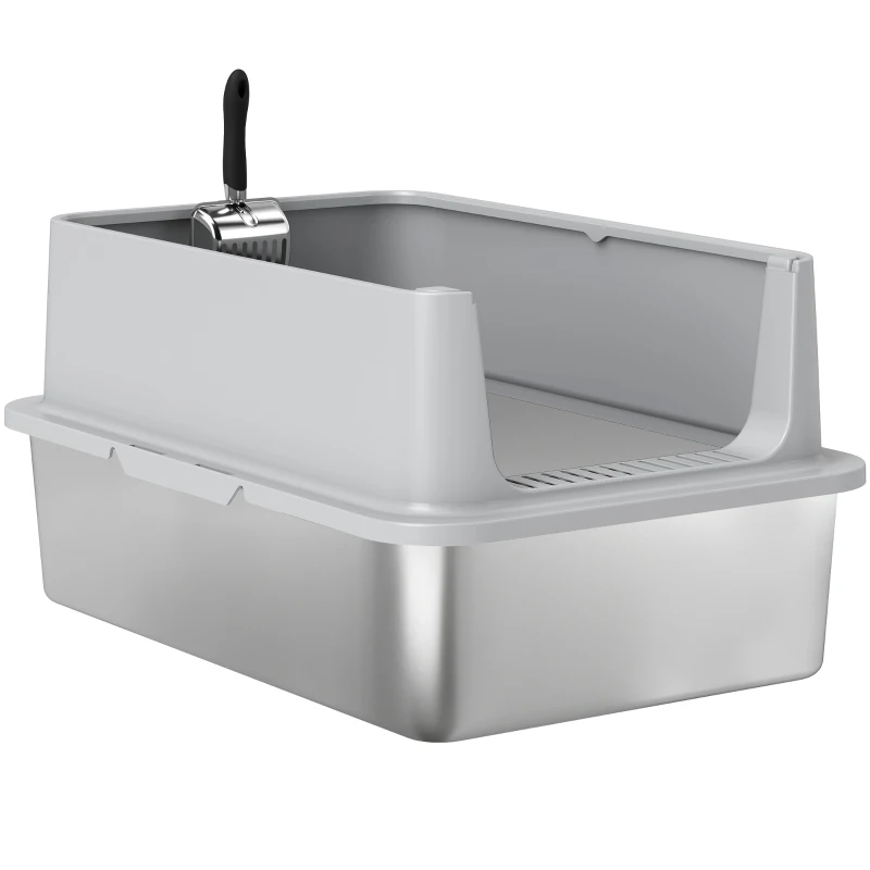 PawHut XL Stainless Steel Cat Litter Box for Big and Multiple Cats with High Wall Side, Scoop, Easy Cleaning & Odor Free