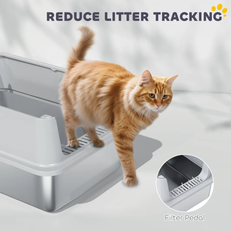 PawHut XL Stainless Steel Cat Litter Box for Big and Multiple Cats with High Wall Side, Scoop, Easy Cleaning & Odor Free