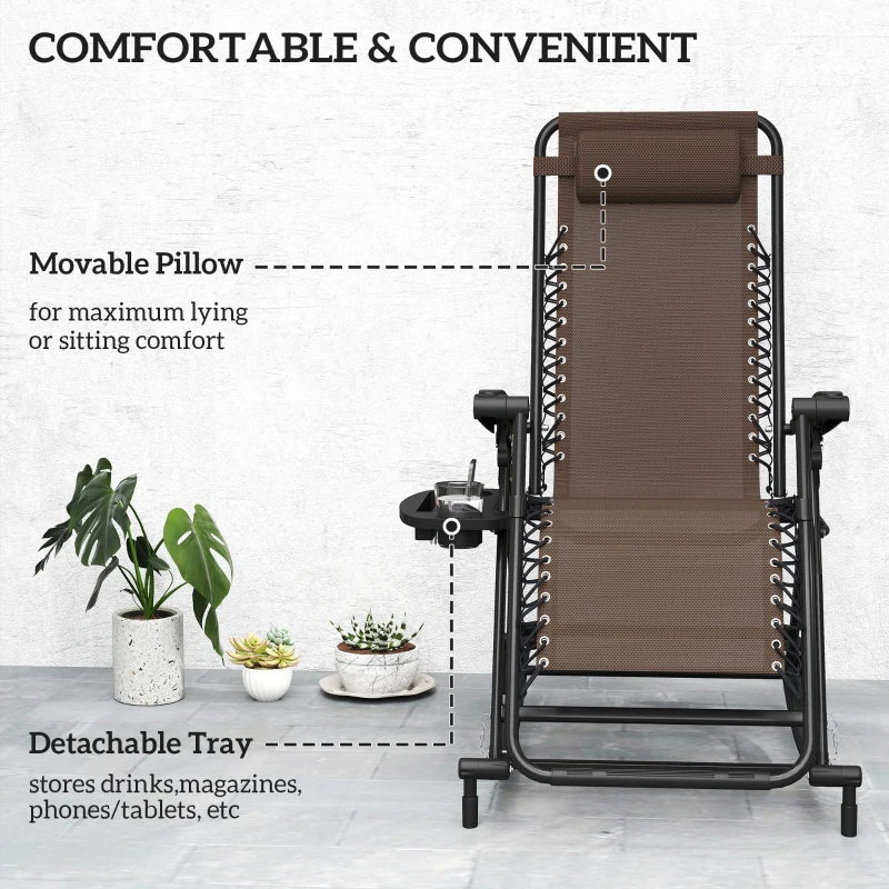 Outsunny 2 in 1 Adjustable Zero Gravity Reclining Lounge Chair Garden Recliner and Rocker Foldable Sun Lounger Napping Seat w/ Headrest & Tray Brown