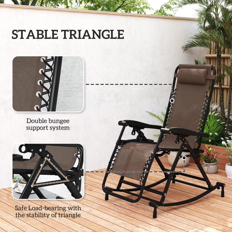 Outsunny 2 in 1 Adjustable Zero Gravity Reclining Lounge Chair Garden Recliner and Rocker Foldable Sun Lounger Napping Seat w/ Headrest & Tray Brown