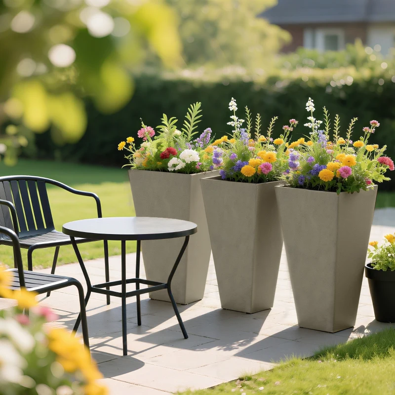 Outsunny Tall Planters for Outdoor Plants Set of 3, 28 In Taper Planters with Drainage Holes, Indoor Grande Plant Pots, Front Porch Decor, Grey