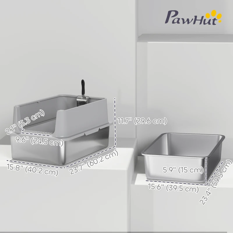 PawHut XL Stainless Steel Cat Litter Box for Big and Multiple Cats with High Wall Side, Scoop, Easy Cleaning & Odor Free
