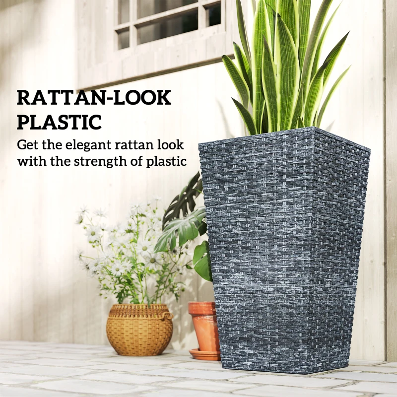Outsunny Tall Planters for Outdoor Plants Set of 3, 24 In Taper Planters with Drainage Holes, Rattan Decor Plant Pots for Indoor Outdoor Front Porch Patio Backyard, Gray