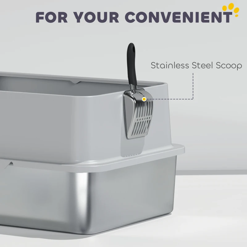 PawHut XL Stainless Steel Cat Litter Box for Big and Multiple Cats with High Wall Side, Scoop, Easy Cleaning & Odor Free