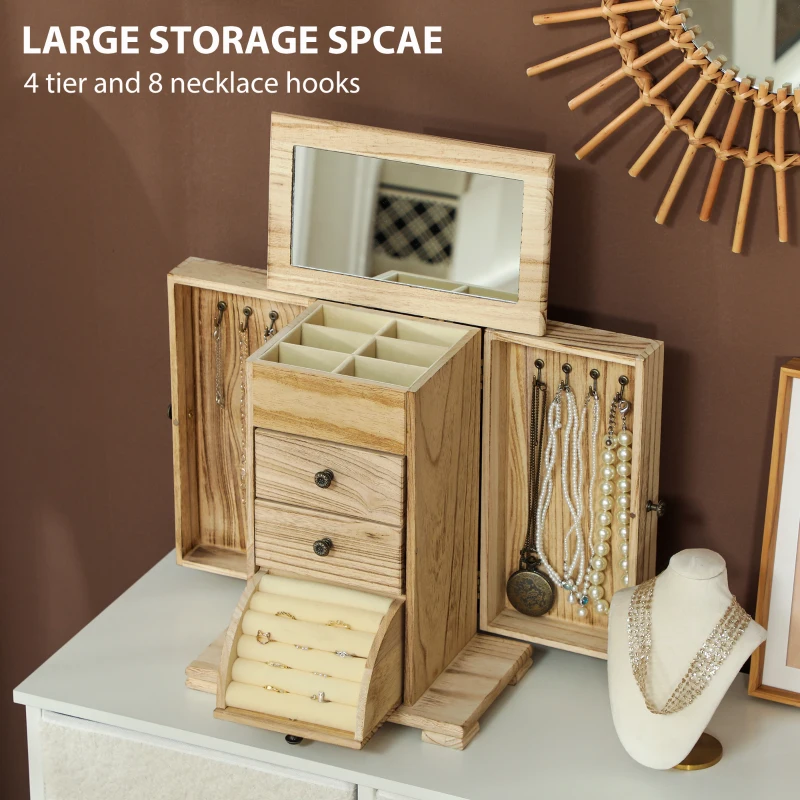 HOMCOM 4-Tier Wooden Jewelry Box for Women, Jewelry Organizer with Mirror and 2 Drawers for Rings Earrings Necklaces, Brown